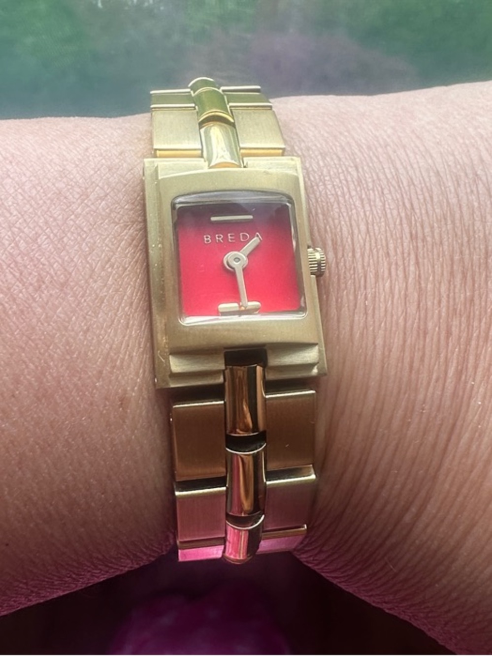 BREDA Gold-Tone Square Bracelet Watch with Red Accent